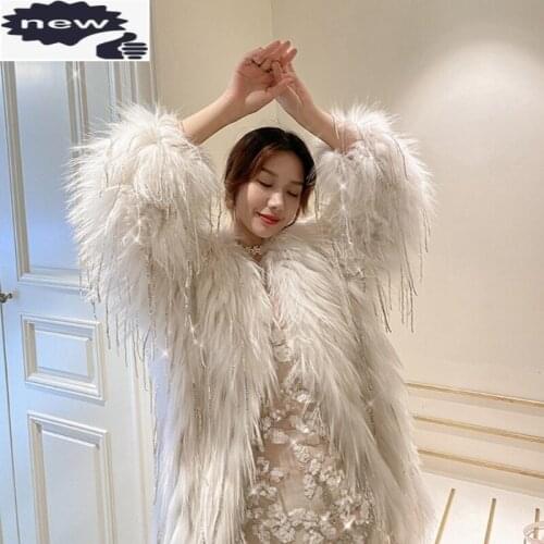 Evening Party Real Fur Coat Women Winter Elegant Sheep Shearing Sequined Tassel Outerwear Luxury Wool Cashmere Cardigan jacket