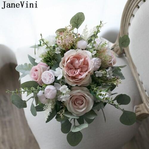 JaneVini Bride Vintage Pink Silk Rose Artificial Wedding Flowers Boho Eucalyptus bouquet de fleurs artificielles Bridal Bouquets