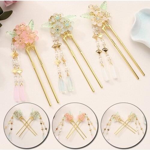 Womens Flowers Simulated Pearls Long Tassel Hair Stick Crystal Beads Chinese Style Hairpins Bride Hair Jewelry Vintage Headwear