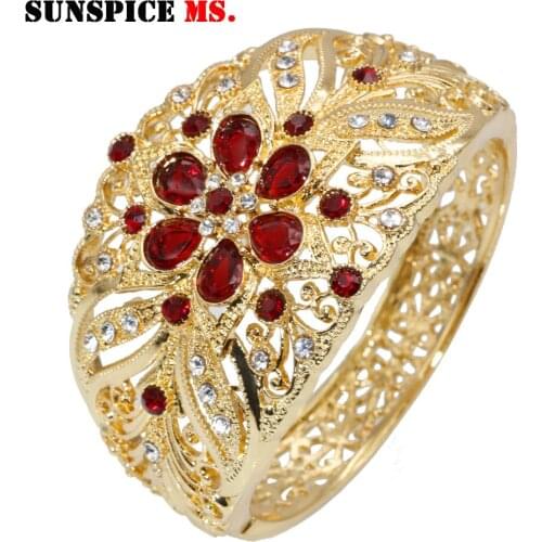 SUNSPICE-MS Resin Flower Bangle Gold Color For Women Indian Ethnic Wedding Rhinestone Cuff Bracelet Morocco Jewelry Gifts 2019