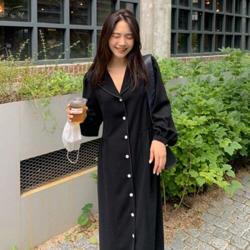 2021 New Women Spring Elegant Black Long Shirt Dress Loose Puff Sleeve Single Breasted Desinger Dresses