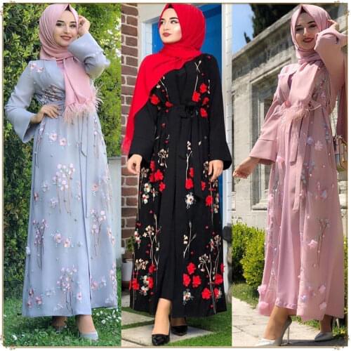 Womens Middle Eastern Muslim Dubai Turkish Embroidered Robe Womens Dress with Floral Print Abaya Womens Newest Tulle Dress
