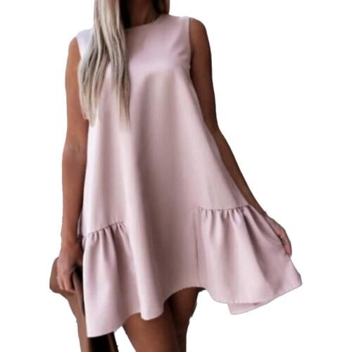 Women O Neck Ruffle Summer Beach Dress 2021 Solid Color Large Hem Skirt Mini Dress Casual Loose A-Line Party Dress Vestidos