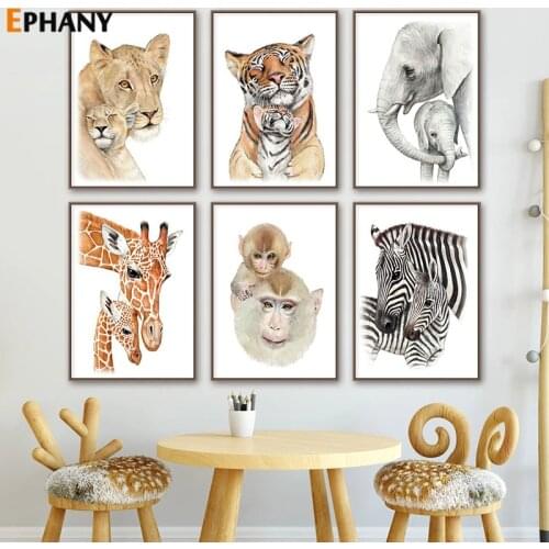 Giraffe Lion Elephant Canvas Poster Nursery Wall Art Picture Parent-child Forest Animal Painting Print Nordic Kid Room Decor