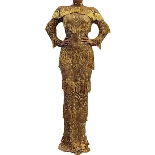 Gold Fringe Dress Rhinestone Long Dress Femlae Singer Club Shows Stage Costume Birthday Modern Prom Ceremony Luxury Wear VDB3305