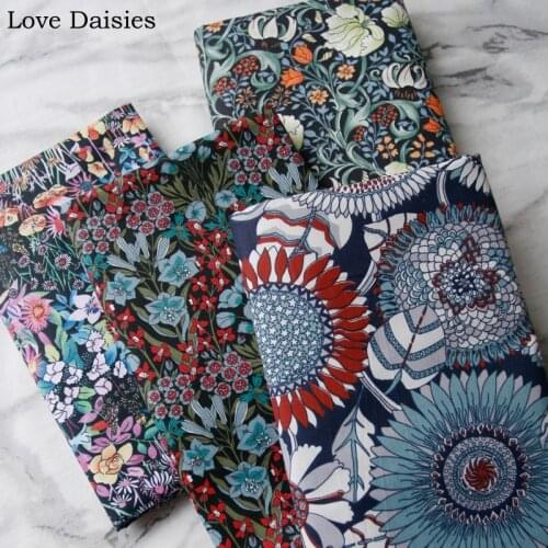 Elegant BLACK NAVY Painting Sunflower Flower Floral 100% Cotton Twill Textile Fabric for Patchwork Doll Clothes Dress Top Quilt