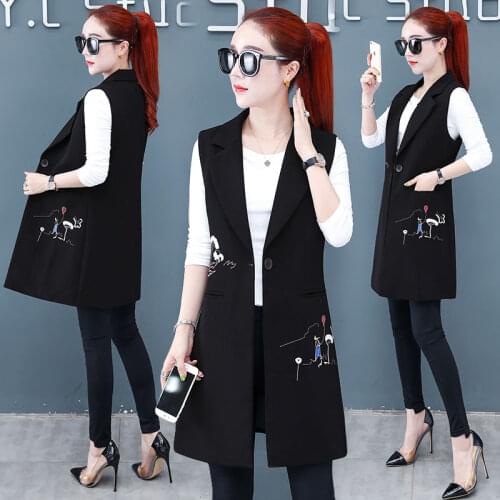 2020 New Autumn Ladies Long Suit Vest Sleeveless Casual Vest Jacket Women Korean Mid-long Floral Embroidery Waistcoat Coats M119