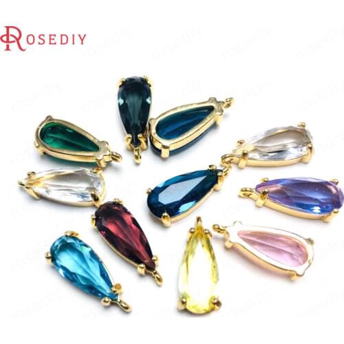 37099)6PCS 16x8MM 24K Champagne Gold Color Brass and Glass Long Drop Shape Charms Pendants Jewelry Making Supplies Diy Findings