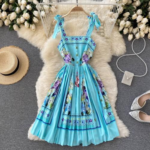 Amolapha Women Sleeveless Vintage Lace Up Printed Strap Design Beach Vacation Dress Female Summer Clothing