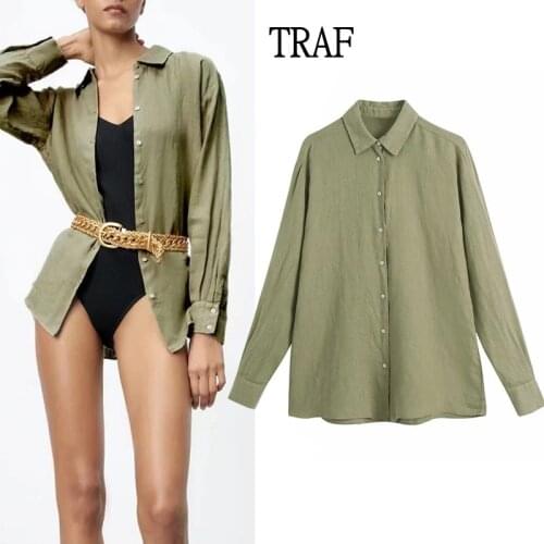 TRAF Za Woman 2021 Blouses Summer Linen Long Sleeve Shirt Women Vintage Buttons Women Clothing Loose Shirts Blusas Chic Tops