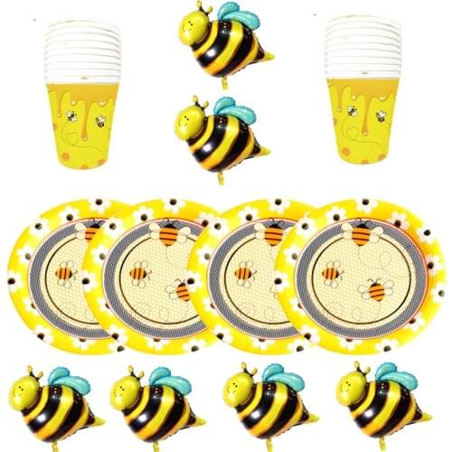 Baby Shower Decorate Cups Plates Kids Favors Pet Bee Theme Foil Balloons Glass Birthday Events Party Tableware 44pcs/lot