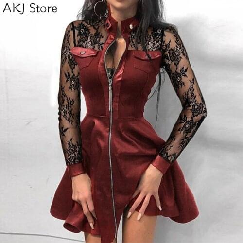Women Long Sleeve Sexy Lace Patchwork Party Dress Zipper Pocket Design PU Dress Vestidos