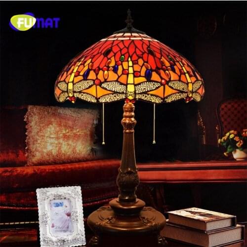 FUMAT European Dragonfly and Flower Tiffany Stained Glass Creative Restaurant Living Room Bedroom Bedside Table Lamp 20CM