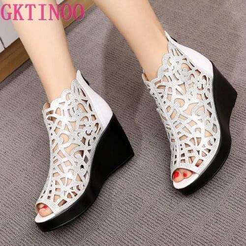 GKTINOO 2021 Summer New Fish Mouth Hollow Rhinestone Shoes Wedge Sandals High Heel Sandals Fashion Elegant Women Sandals