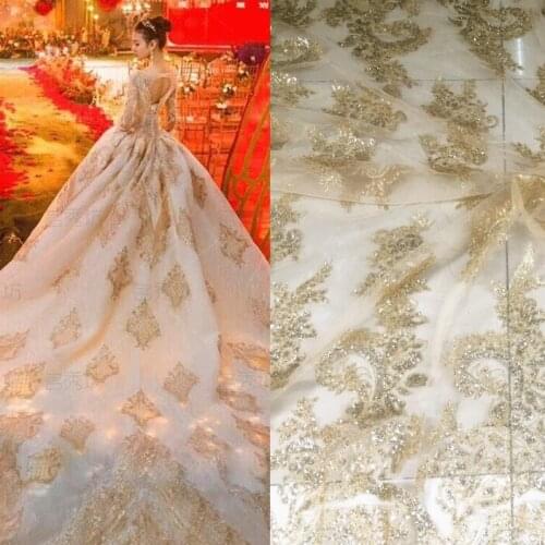 GLace 1Y/Lot 1.3m wide bronzed mesh fabric champagne gold lace fabric cloth dress performance clothTX188