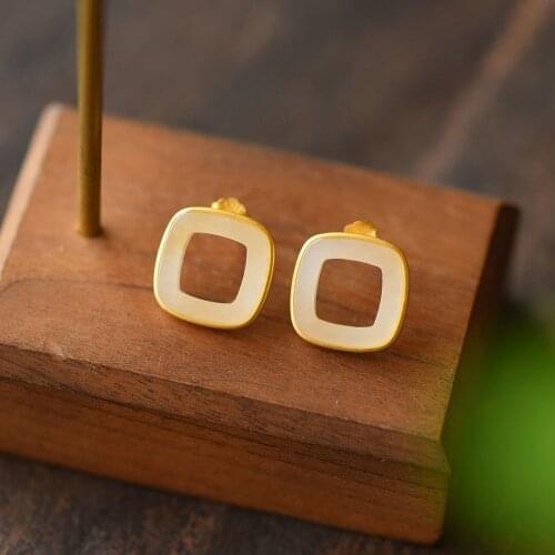 Natural Hetian Jade White Jade Stud Earrings Simple Cold Style Sense S925 Sterling Silver Square Earrings Geometric Trendy Earri