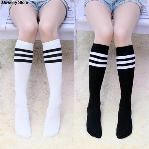 Cotton Knee High Women Football Solid Socks 1Pair Ladies Knee High 3 Line Striped Cotton Socks School Party Cheerleader Supplies