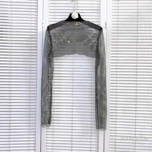 Crop Top Women New Round Neck Heavy Embroidery Hot Drilling Sexy Hollow Mesh Shiny Tops Long Sleeve Short T-shirt