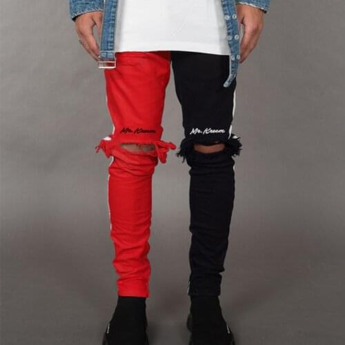 Fashion Brand Men Ripped Jeans Casual Mens Denim Trousers Slim Straight Zipper Feet Patchwork Denim Pants for Men Streetwear