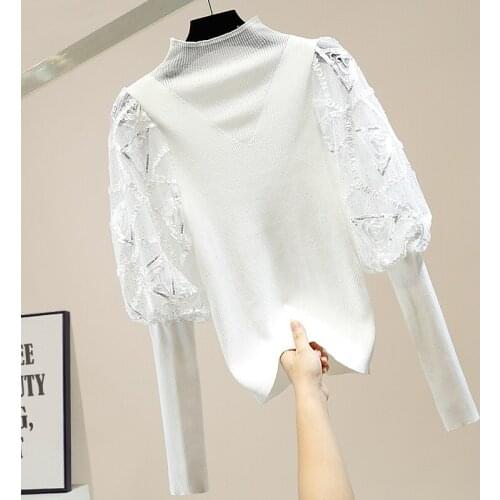 Fashion Sequin Retro Mesh Stitching Perspective Lantern Sleeve Sweater 2020 New Women Clothing Winter Sweaters Ladies Korean Top