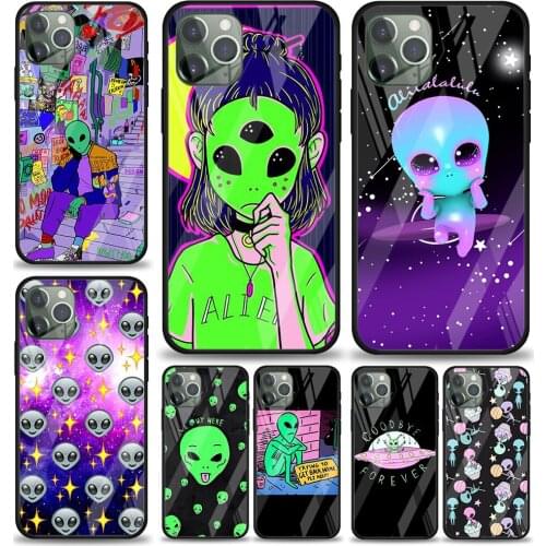 Cartoon Space Alien for Apple iPhone 12 Pro Max Mini 11 Pro XS Max X XR 6S 6 7 8 Plus Luxury Tempered Glass Phone Case