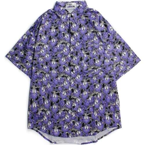 New Summer Shirt Women Hip Hop Style Loose Short Sleeve Blouse Cartoon Cat Print Harajuku Man Purple Shirt Oversize Shirt Female