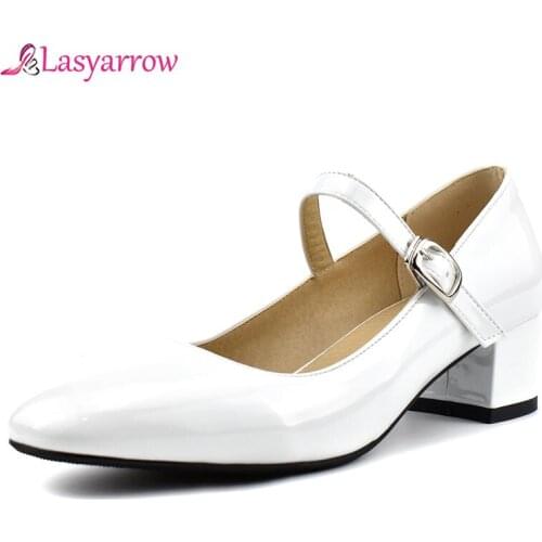 Lasyarrow 2020 New Design Plus Size 34-48 Mary Janes Pumps Woman Shoes Patent Leather Buckle Strap Summer Pumps Lady Shoes