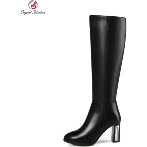 Original Intention Nice Fashion Women Knee-High Boots Round Toe Square Heels Boots Beautiful Black Shoes Woman US Size 3.5-13