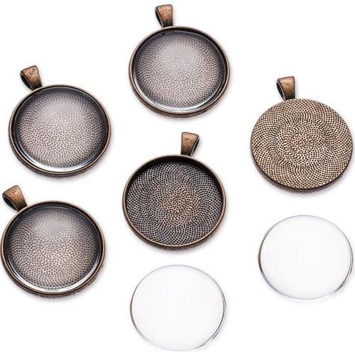 Tibetan Style Nickel Free Pendant Cabochon Settings and Clear Circle Domed Glass Cabochon Cover, Red Copper, Pendant: 41x32x4mm