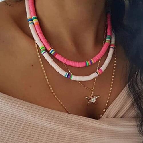 Bohemian Rope Necklace Handmade For Women Circle 6mm Mixed Colore Soft Ceramic Clavicle Chain Fashion Sapphire Pink Red Jewelry