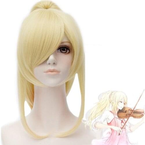Your Lie in April Miyazono Kaori Wigs Light Blonde Natural Long Straight Clip Ponytail Synthetic Cosplay Wig + Wig Cap