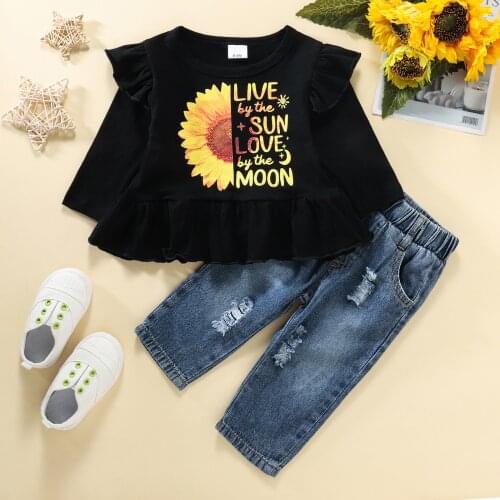 Newborn 2 Pcs Casual Set Baby Girl Sunflower & Letter Print Fly Sleeve Round Neck Pullover + Ripped Jeans with Pockets Outfits