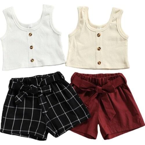 Baby Girls Casual Two-piece Clothes Set Solid Color U-shaped Collar Camisole and Elastic Waist Shorts Outfits Sets