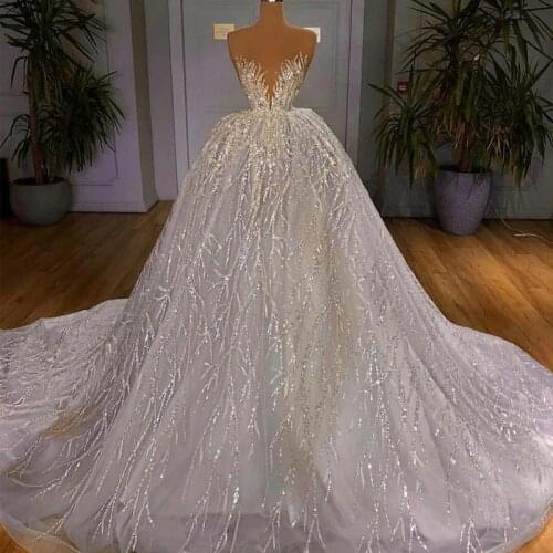 2021 Luxury Sequined Ball Gown Wedding Dresses Crystal Beading V Neck Princess Puffy Bridal Gowns Backless Wedding Dress robes