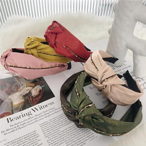 Gold Chain Decorated Hairbands Knot for Women New Headdress Solid Fabric Headbands Wide Adults Hair Accessories Head Band