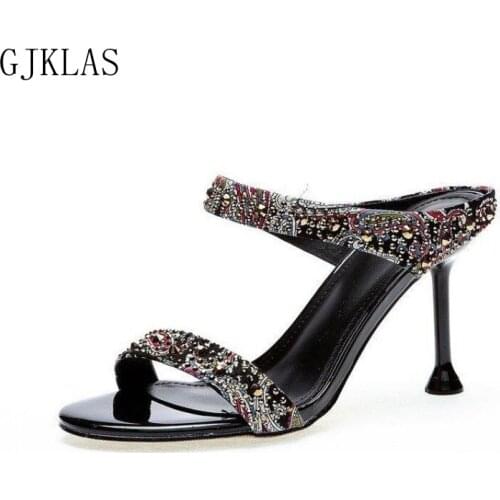 Women Shoes High Heel Summer Slippers Sandal Woman Stiletto Heels Bling Sandals for Women Party Shoes Sandals Beige Black Heels