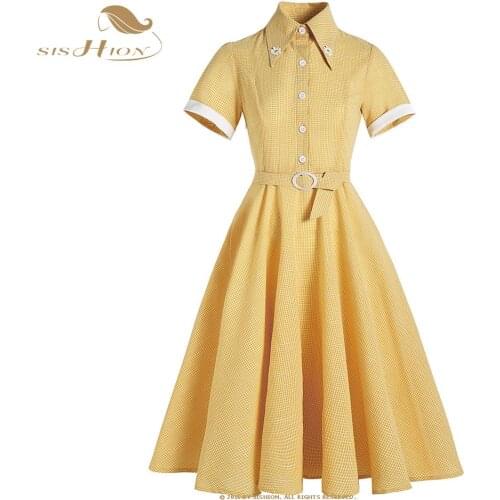 SISHION Hepburn Style Retro British Small Daisy Short Sleeve Large Swing Summer Dress VD1999 50s 60s Women Yellow Plaid Dresses