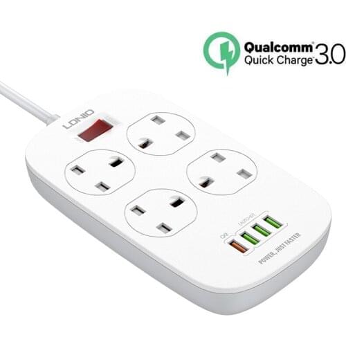 Extension Lead with QC3.0 USB Port and 3 Standard USB Desktop Power Strip Smart Charging Station 4 Surge Protection Outlets
