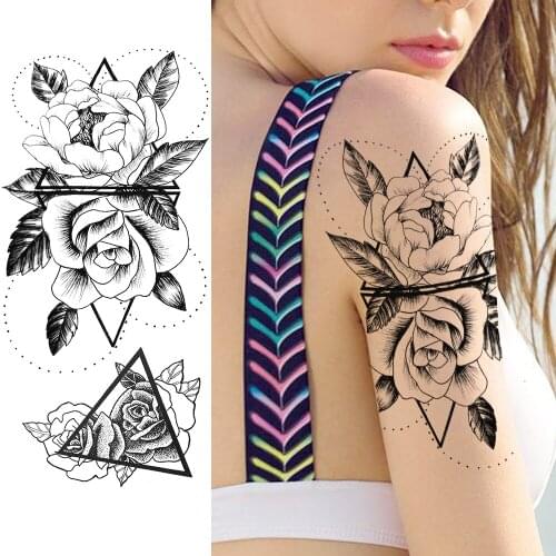 Black Flower Temporary Tattoos Sticker Fake Geometric Rose Tatoos Womens Fashion Body Art Drawing Arm Tatoo For Holiday Seaside