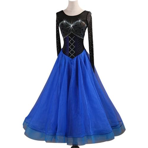 High quality New Ballroom Dance Dresses Womens Performance Rhinestones Long Sleeve royal blue tango waltz dancing Dress