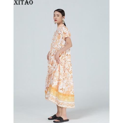 XITAO Print Pattern Dress Fashion New Omen Pleated Hem Irregular Hot Color Patchwork 2021 Summer Minority Loose Dress WMD1101