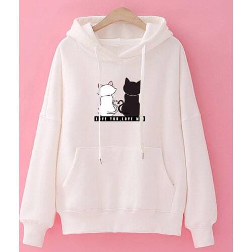 Sweatshirt Hooded Hoodies Women Long Sleeve Cat Print Pockets Lace Up Woman Sweatshirts Streetwear Pullover 2XL