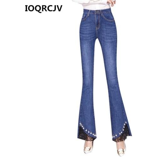 Women Boyfriend Jeans 2019 Spring New High Waist Elastic Lace Denim Pants Casual Flare Pants Skinny Trousers Blue Jeans R157