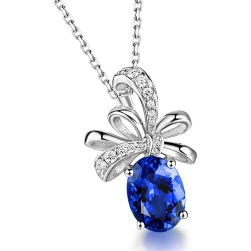 Fashion Bowknot Flower Blue Crystal Sapphire Gemstones Diamonds Pendant Necklaces for Women White Gold Color Choker Jewelry Gift