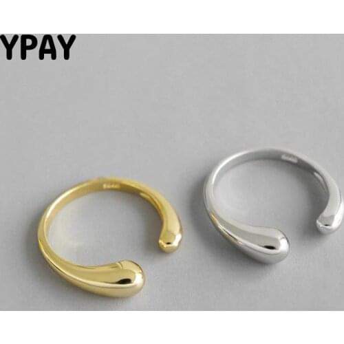 YPAY Simple Water Drop Open Rings for Women Korea INS 100% Solid 925 Sterling Silver Adjustable Ring Fine Party Jewelry YMR892