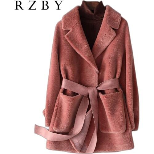 Wool Real Winter Coat Jacket Female With Sashes Sheep Arttifiial Shearing Giacche Women Parka Warm Casual Overcoat RZBY303