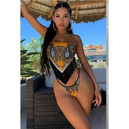2021 newest arrival 2 Pcs Women Sexy Bathing Suits Adults Wire-free Padded Printed Boat Neck Fringe Bikini Tops+Thong