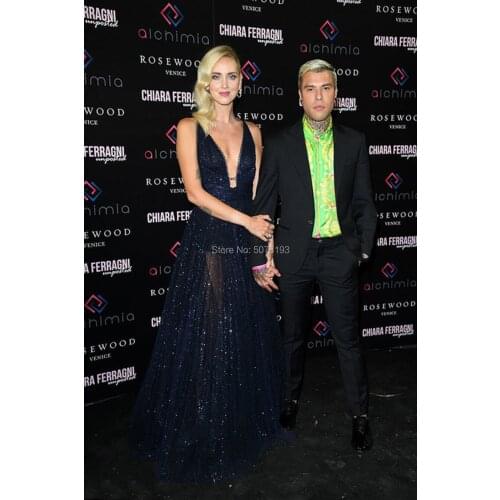 9166 Fashion Navy V-neck A-line floor-length Tulle See-through Celebrity dresses/Formal gowns Venice Film Festival free shipping