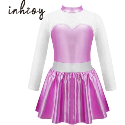 Kids Teens Shiny Ballet Tutu Dress Gymnastics Ballerina Lace Bronzing Long Sleeve Dance Leotard Latin Lyrical Dance Costumes