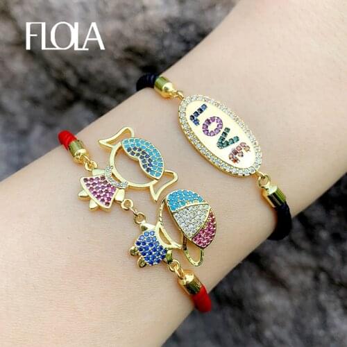 FLOLA Black Rope Love Letter Bracelets For Women Boy And Girl Friendship Bracelets Zirconia Black String Couple Jewelry brtc18